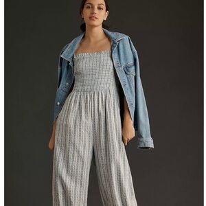 NWT Anthropologie Smocked Blue & White Striped Jumpsuit Sz XS